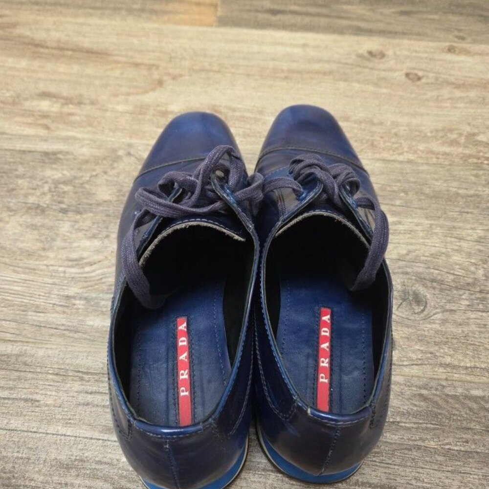 Prada Dress Men Blue Patent Leather Perforated Oxford Lace-up Shoes Size 9.5 US
